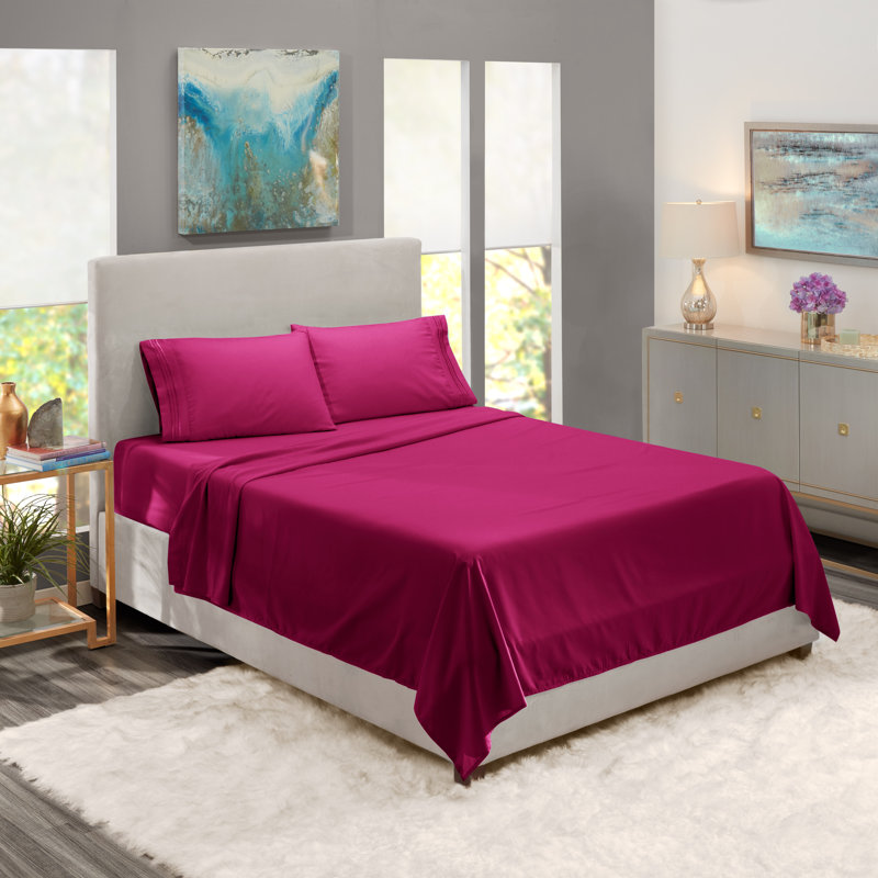  Ensemble de draps double brossé de luxe pour hôtel avec draps et taies d'oreiller très doux, Magenta vif, Grand