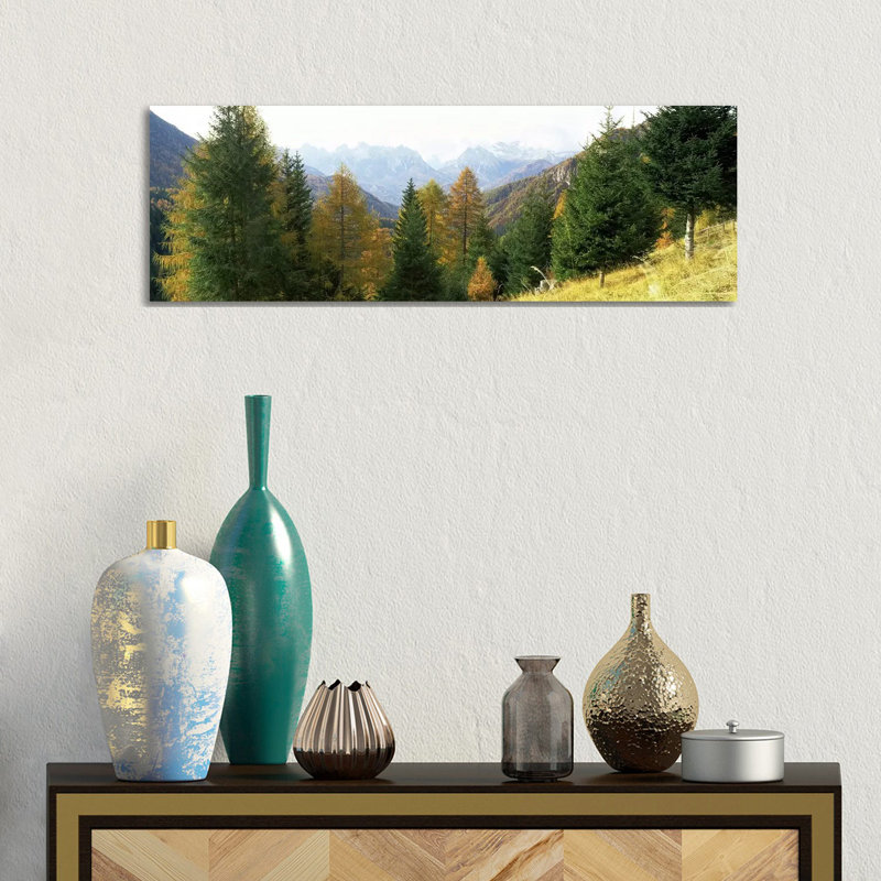 Larch Trees With A Mountain Range In The Background, Dolomites, Cadore, Province Of Belluno, Veneto, Italy - Wrapped Canvas Panoramic Print