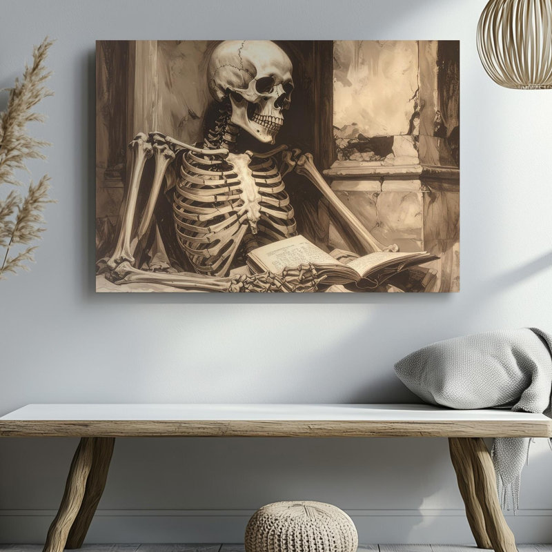 Toile, sépia, lecteur de squelette, poétique, nature morte et mémoire, art mural prêt à accrocher, H 30 po x l 40 po