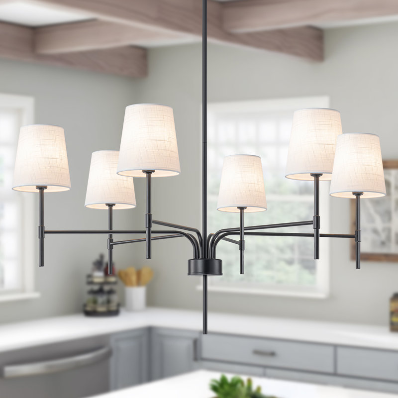 Lustre moderne transitionnel à 6 lumières Agathon avec abat-jour en tissu blanc, Noir mat