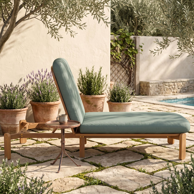 Chaise longue d'extérieur réglable en bois d'acacia avec coussins, Vert