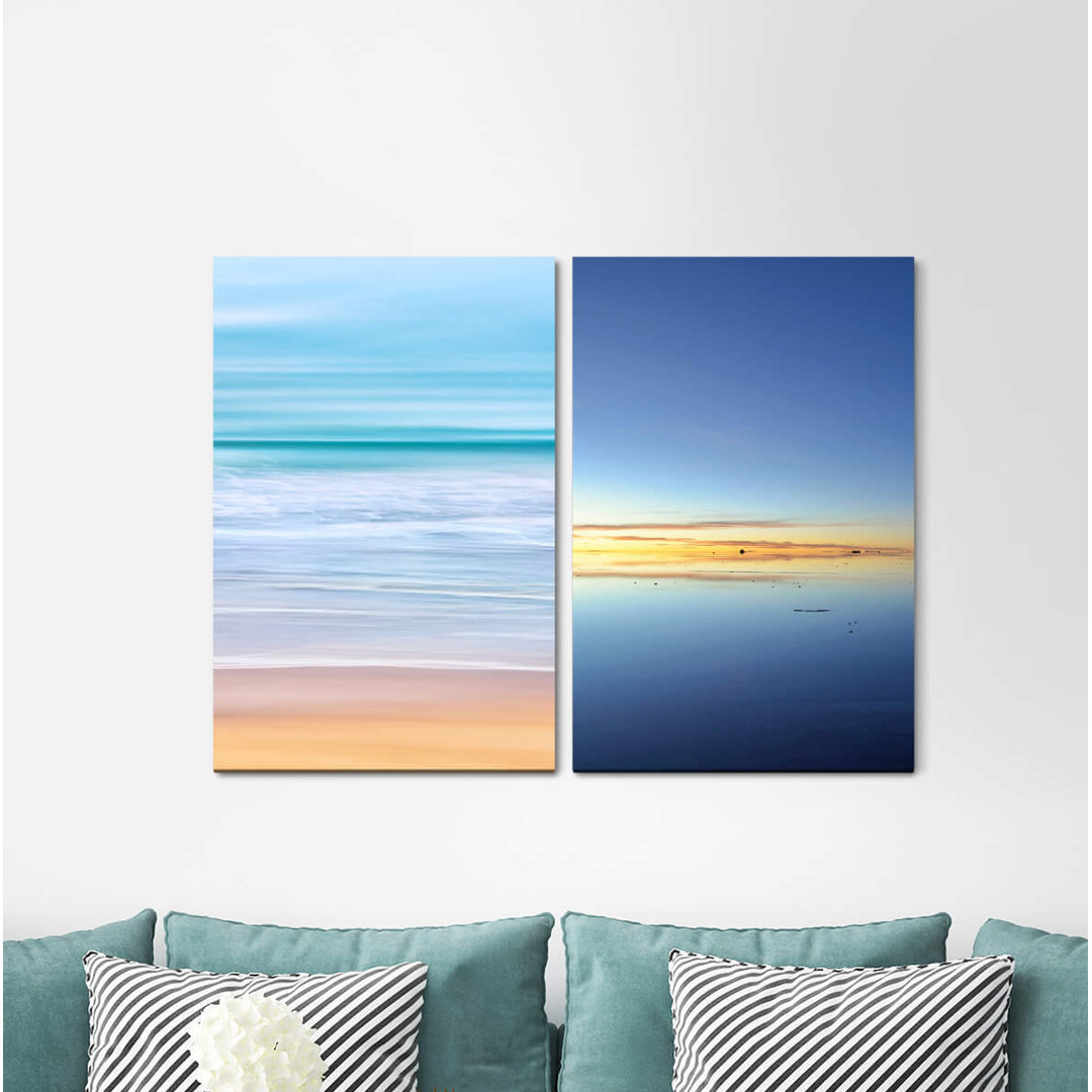 2-tlg. Leinwandbilder-Set - Grafikdruck „Sea Waves Horizon Sunset Silence Peace of Mind”