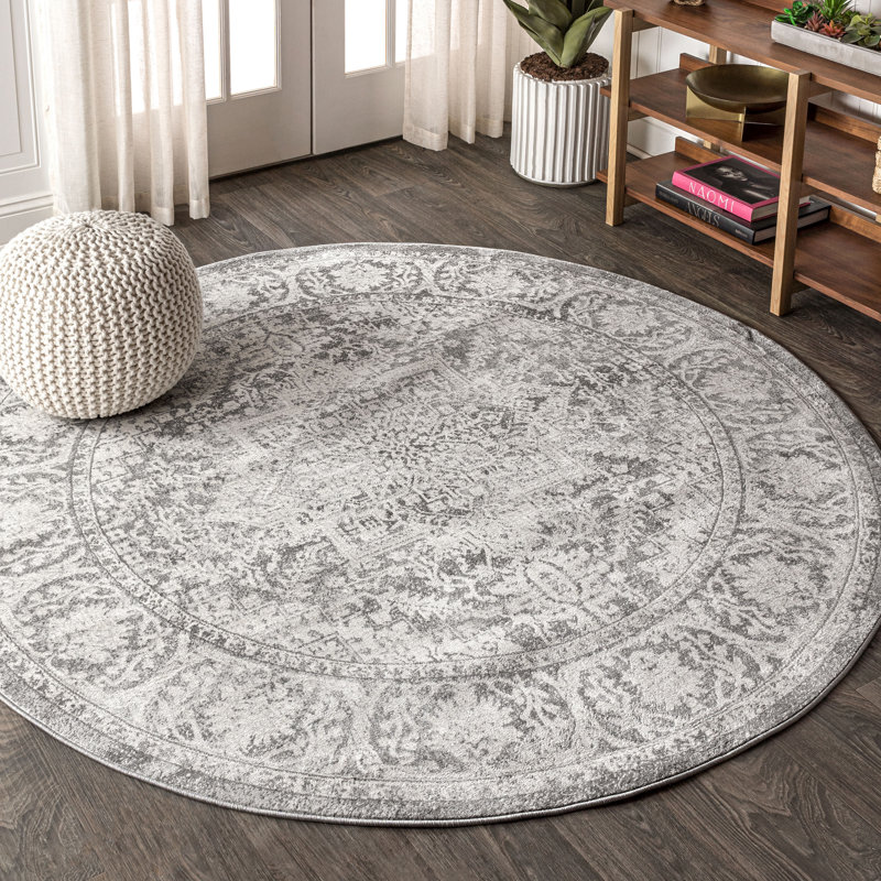 Blane Modern Persian Vintage Medallion Light Gray Rug, Round 4'