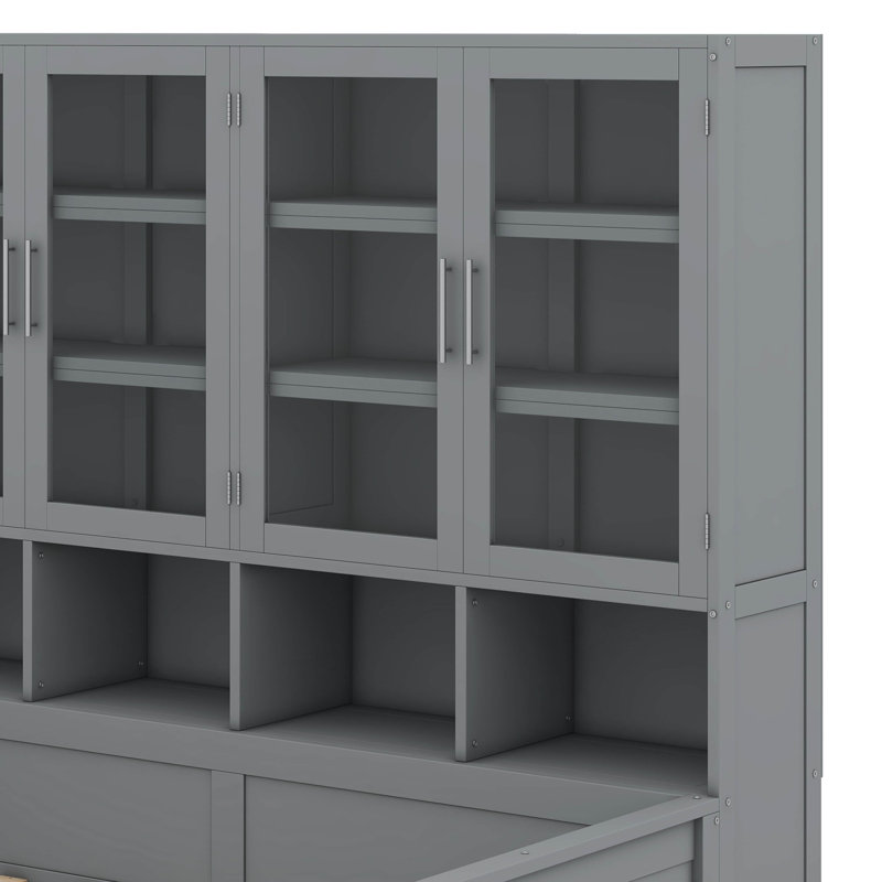 Lit de jour simple en bois avec armoires de rangement à portes vitrées, DEL et tablettes, Gris