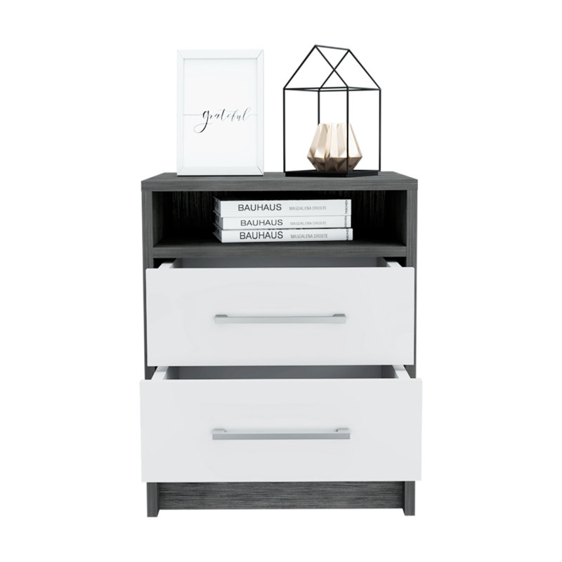 Table de chevet Cartiz, deux tiroirs, Noir / blanc