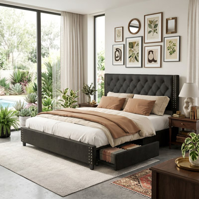 King Upholstered Tufted Platform Bed with 4 Storage Drawers, No Box Spring