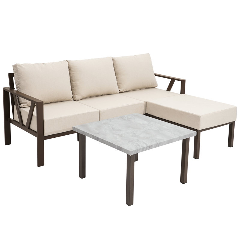 Ensemble de conversation en métal pour 3 personnes avec coussins épais et repose-pieds, Blanc / Brun, Beige