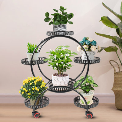6 Pots Metal Plant Stands, Plants Flower Stand Holder Supports with Wheel Patio Garden Container for Living Room Red Barrel Studio Color: Black