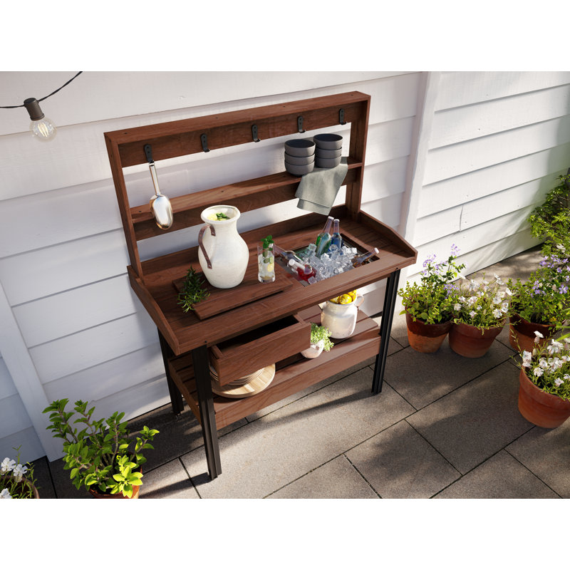 Vita 46" Dark Brown Cedar Potting Bench with Hooks