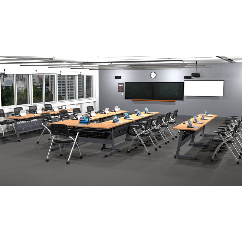 Tables Training Meeting Seminar Classroom 9Pc Beech Folding Industrial Caster Z-Base. Tables Connect.  Modesty Panel, Shelf, Power+Usb Outlet. Fold+Nest For Storage (Seating Not Included).