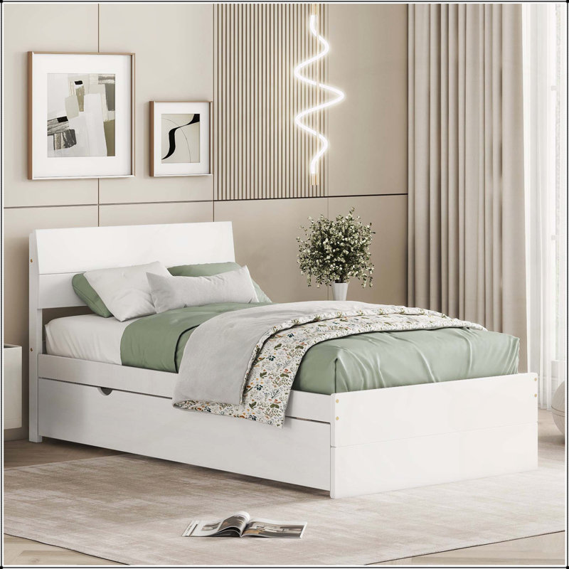 Cadre de lit simple élégant avec tête de lit lustrée et lit gigogne pratique pour un confort accru, Blanc crémeux