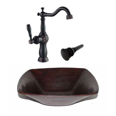 15" Square Copper Vessel Bath Sink, Clayborne Faucet Included