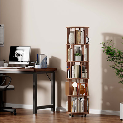 Bibliothèque rotative 100% en bois massif sur roulettes, bibliothèque rotative ronde à 5 niveaux pour petits espaces et coins