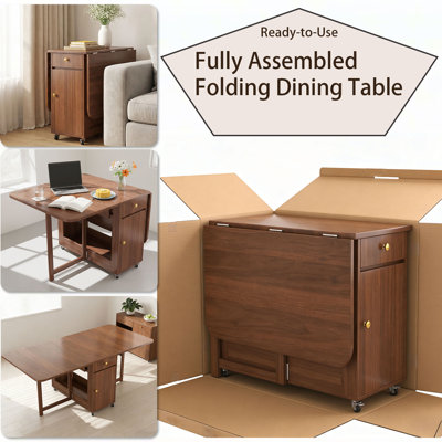 Folding Dining Table And Chairs, Space Saving Drop Leaf Kitchen Table With 4 Chairs And Storage, 59.06" Extendable Small Dining Room Table With Wheels, No Assembly Required Solid Wood (walnut)