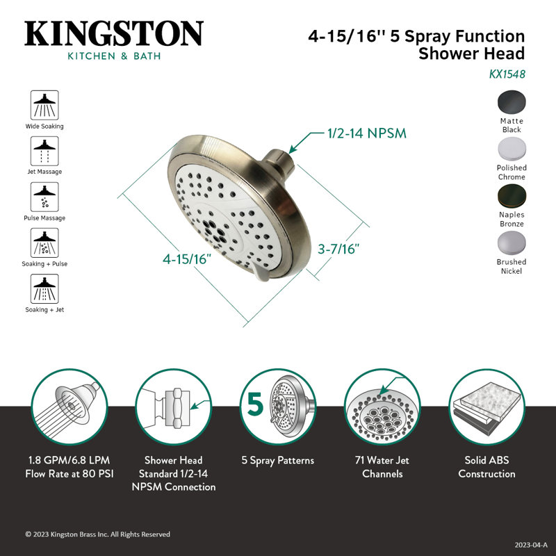 Kingston Brass Vilbosch 5-Inch Round 5-Function ABS Shower Head, Naples Bronze