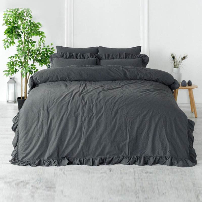 Ensemble de housse de couette 100% coton Landwehr, Housse de couette simple + 1 taie d'oreiller 24 po, Gris foncé