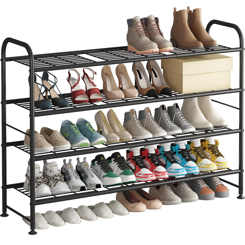 4 Tier Shoe Rack Made of Metal, Exquisitely Designed for Closets and Entryways, Black