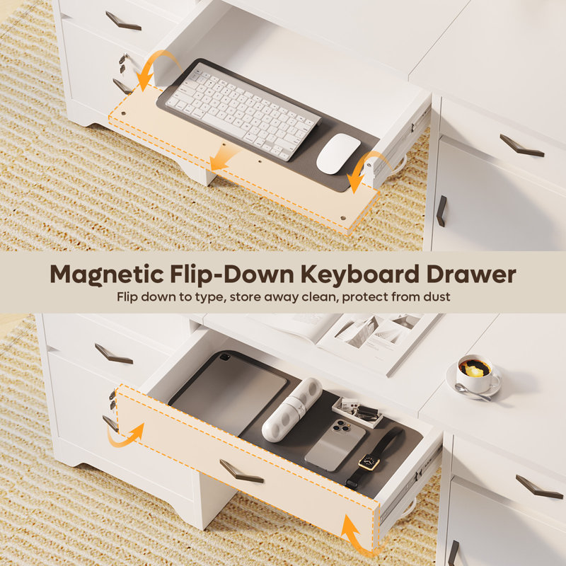 59"Computer Desk Black/White with Embeded Power Outlet, Lockable Office Desk with Ample Storage, White