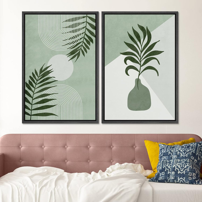 «Green Forest Plants and Geometric Polygons», ensemble de 2 reproductions encadrées sur toile, Noir, H 24 po x l 16 po