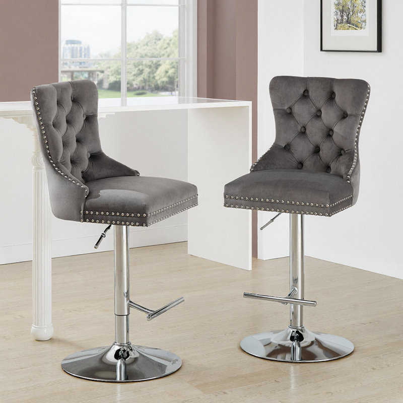 Set of 2 Black Velvet Adjustable Bar Stools, Swivel Chrome Base w/ Tufted Back & Diamond Pleating, 25-33" Height, Gray