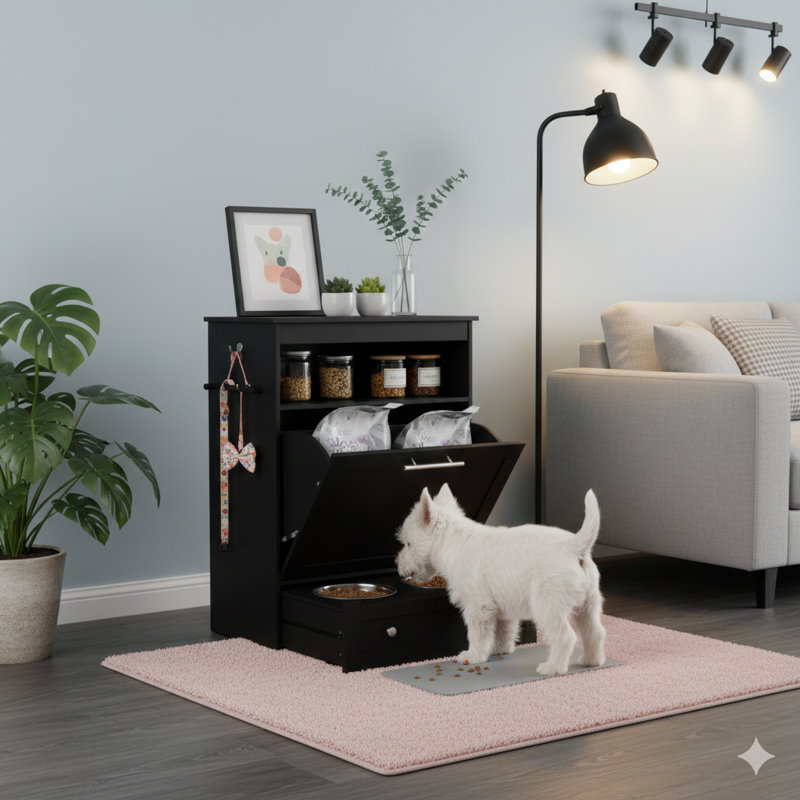 Armoire de rangement pour la mangeoire pour animaux, avec bols surélevés pour chiens, fini en noir, Noir