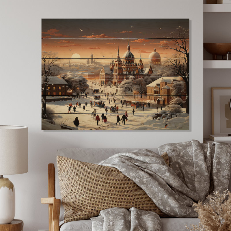 Winter Carnival Village sur impression sur bois, H 24 po x l 32 po x P 0,78 po