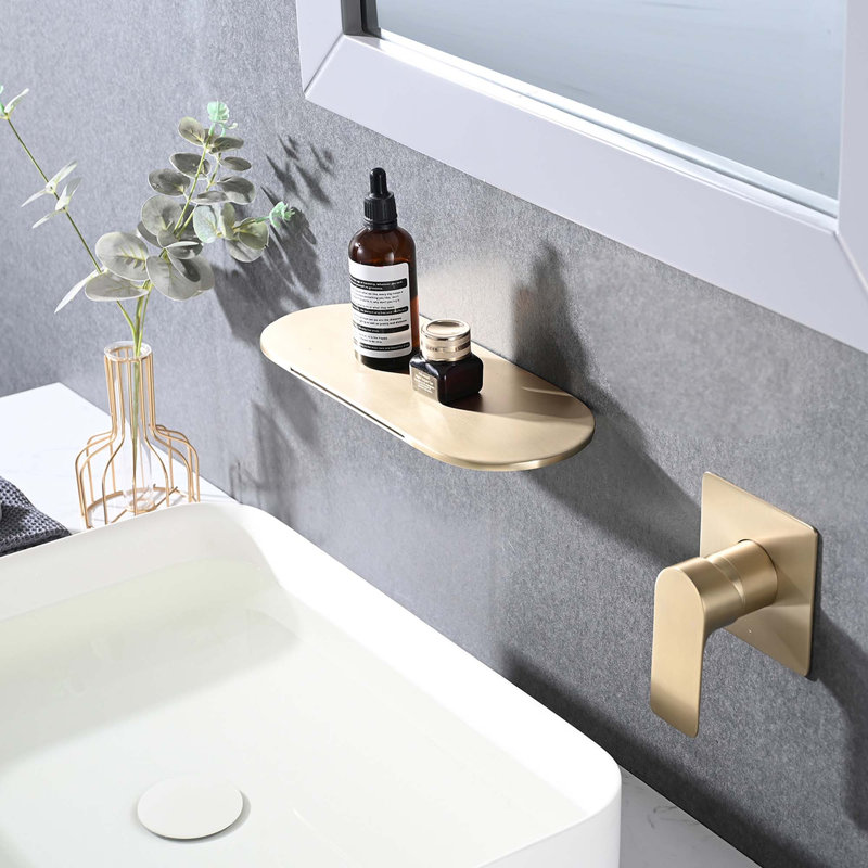 Modern Wall Mount Single Handle Bathroom Sink Faucet with Rough-in Valve, High Flow Filler Waterfall Tub Spout, Brushed Gold