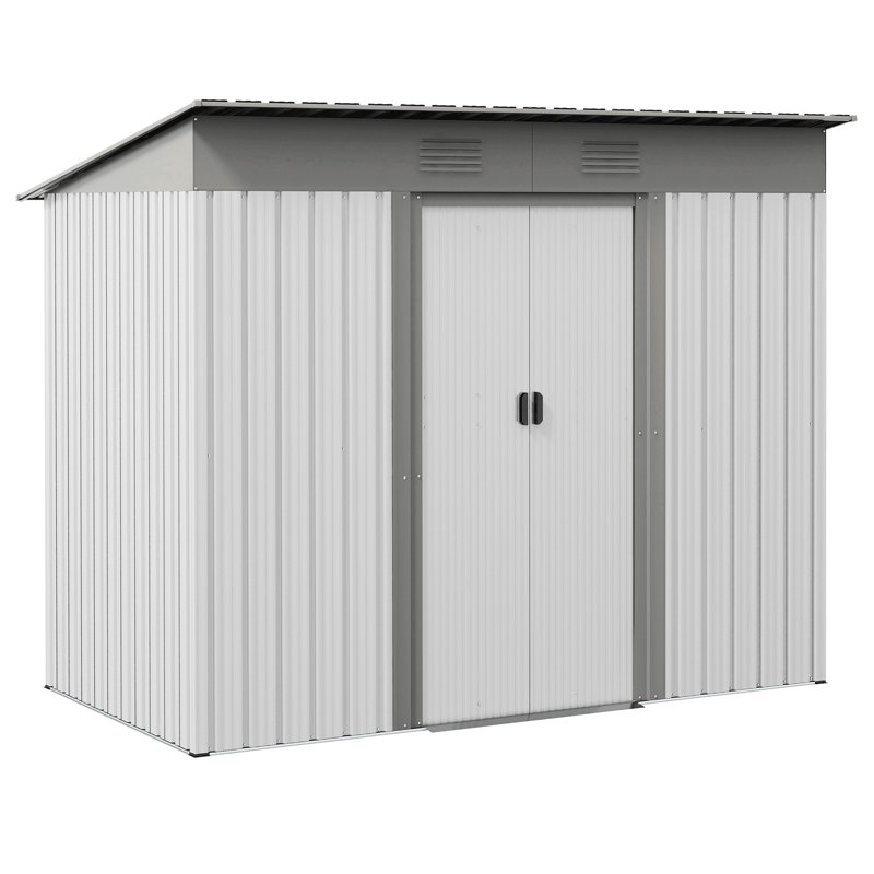 Metal Lean To Garden Shed, Outdoor Storage Shed, Garden Tool House With Double Sliding Doors, Silver, 69" H x 84" W x 42" D
