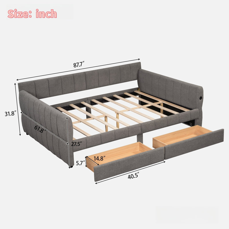 Élégant lit plateforme tapissier avec ports USB et 2 tiroirs, Gris