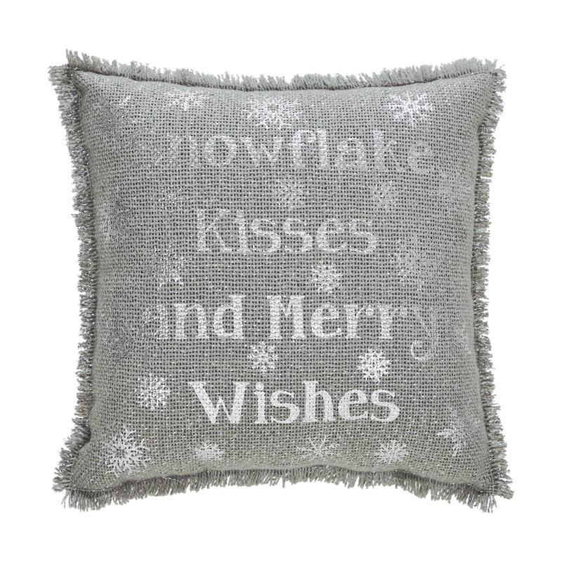 Coussin Â« Kisses Â» en toile de jute blanc antique avec motifs de flocons de neige, 12 x 12, Gris colombe