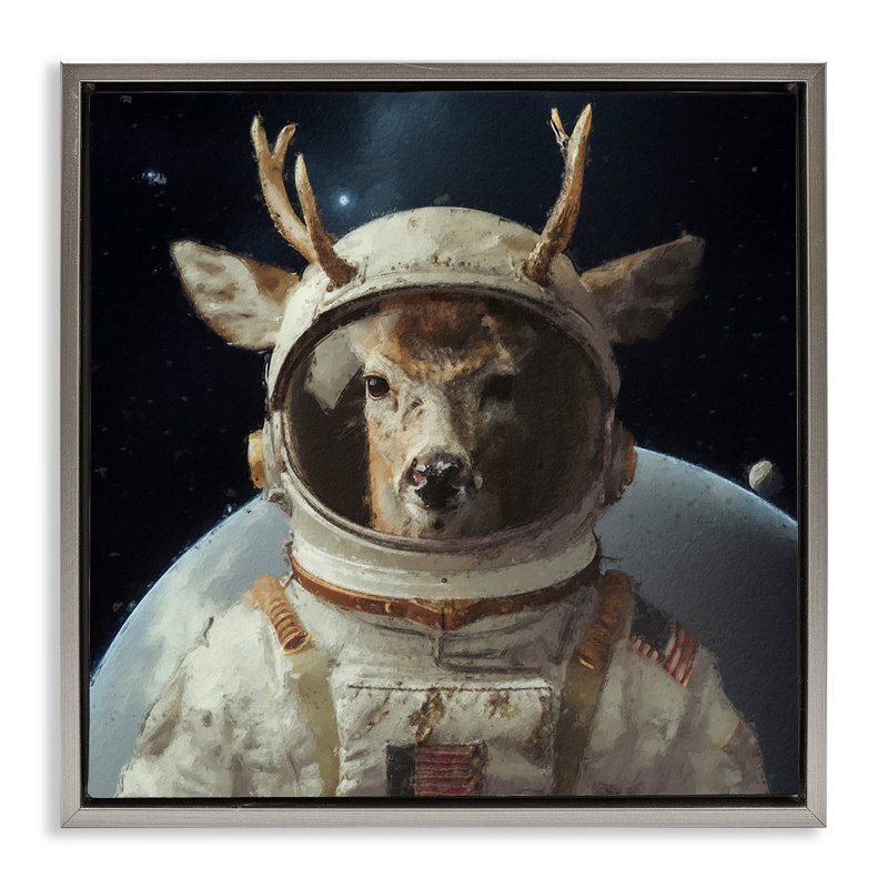 «Space Astronaut Deer» par Sean Parnell, H 25 po x l 25 po, Cadre flottant métallique doré