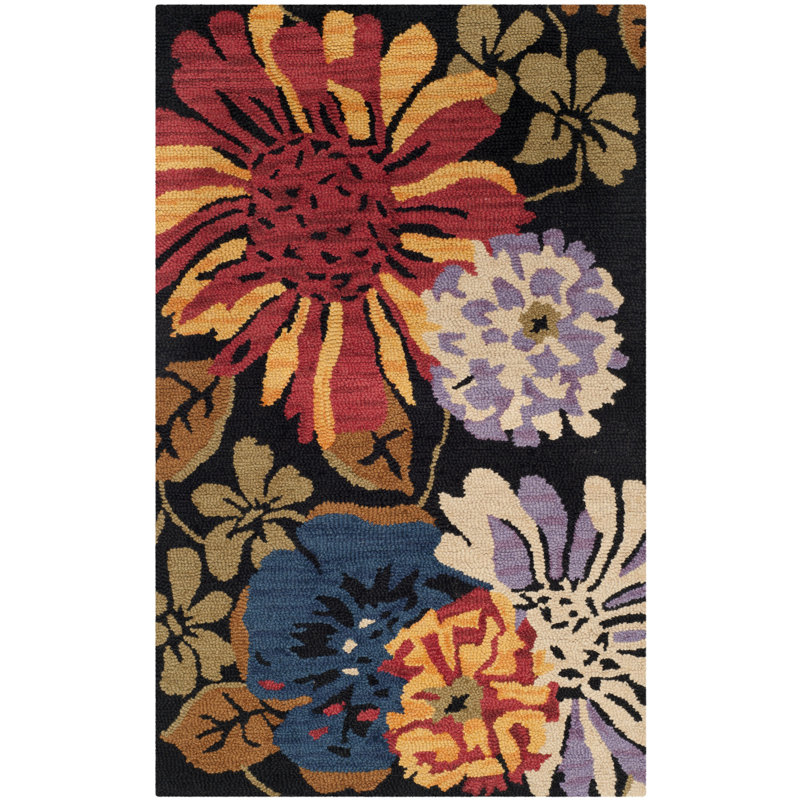 Handmade Black Floral Wool Tufted Area Rug 4' x 6'