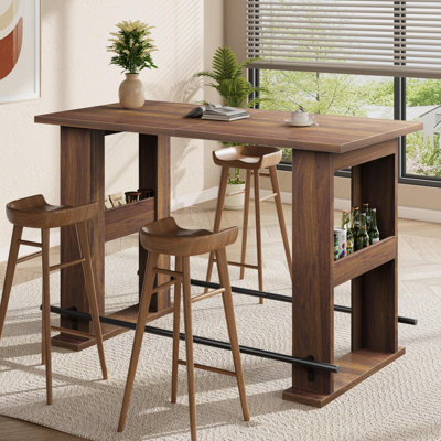 63" Farmhouse Bar Table – Wooden Home Coffee Bar Unit with Storage, Counter Height Pub Table with Metal Footrest – for Kitchen, Dining Room, Bistro, Living Room