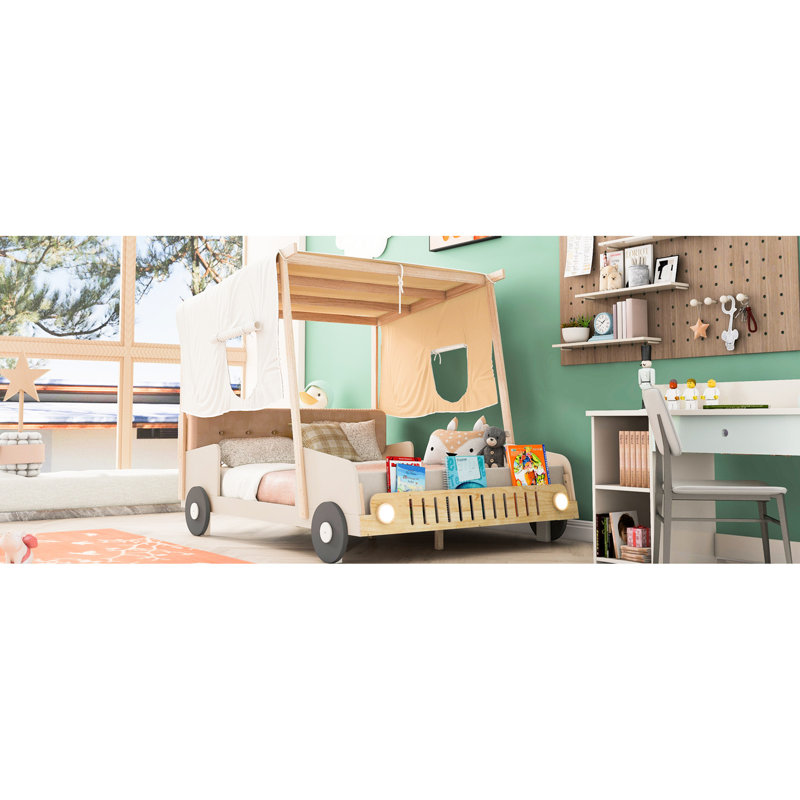 Lit en forme de voiture en bois ludique avec coussin moelleux, toile de plafond et lumières à DEL