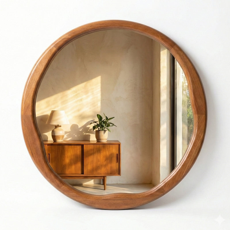 Miroir mural rond en bois massif, 24 po x 24 po, Noyer chaud