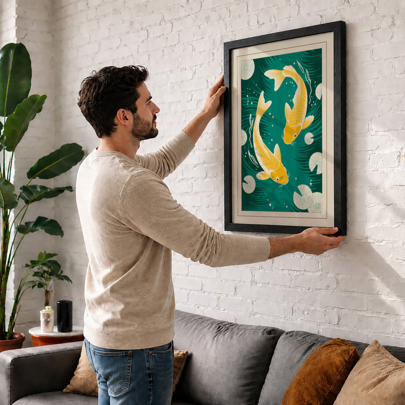 Golden Koi in Circle Japandi - Framed Print, A4 - 29.7 x 21.0 cm, Oak