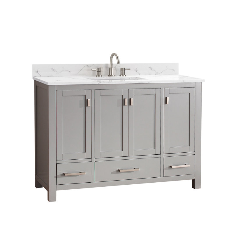 Meuble-lavabo simple 48 po avec plateau Souther, Marbre blanc de Cala, Gris givré, Nickel brossé