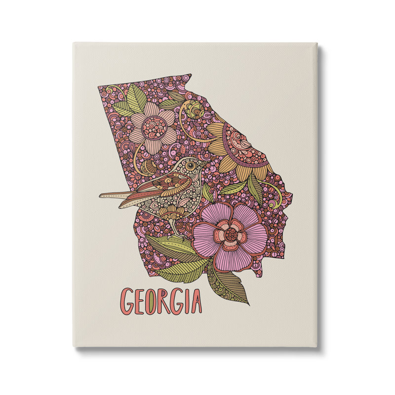 «Intricate Georgia State Bird and Flower», conception florale détaillée par Valentina Harper - impression, Toile tendue