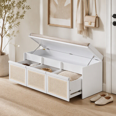 Banc de rangement pour chaussures de 48 po, banc de rangement rétro avec tiroirs en rotin et coussin amovible rembourré à boutons