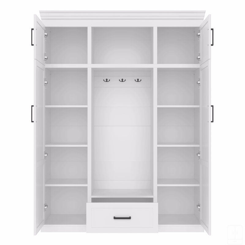 Arbre d'entrée 85,2 po avec banc et 3 crochets, armoire de rangement moderne avec 4 portes, 1 tiroir et tablettes réglables