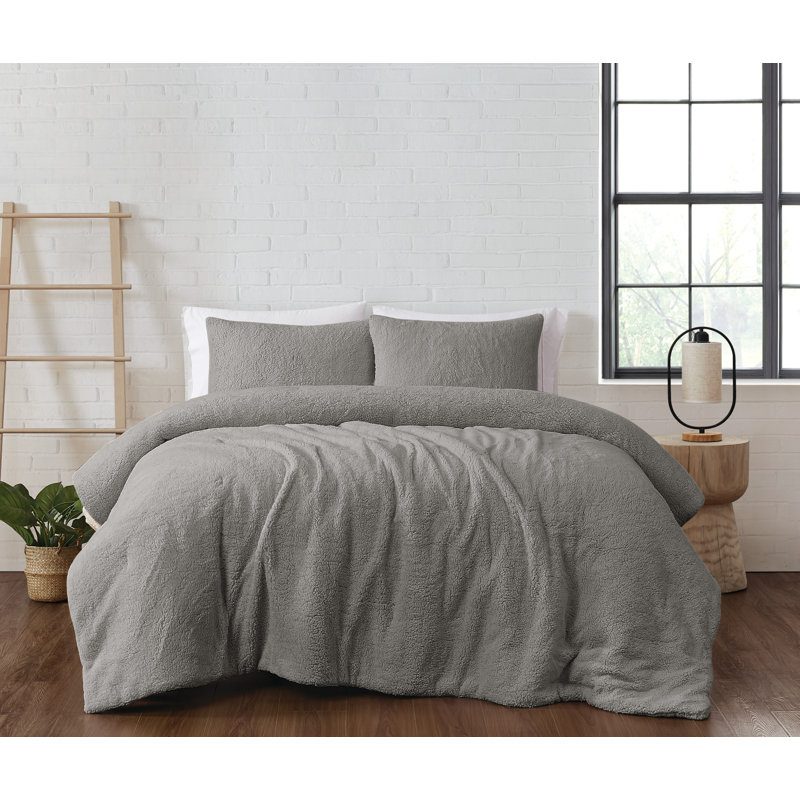 Brooklyn Loom Marshmallow Sherpa Comforter Set, Queen Comforter + 2 Standard Shams, Gray