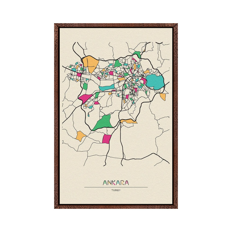 Ankara, Turkey Map by Ayse Deniz Akerman - Print on Canvas, 152.5 cm H x 101.5 cm W, Brown Floater Frame
