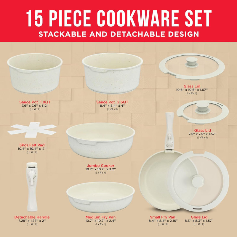 15 - Piece Non-Stick Carbon Steel Cookware Set, White