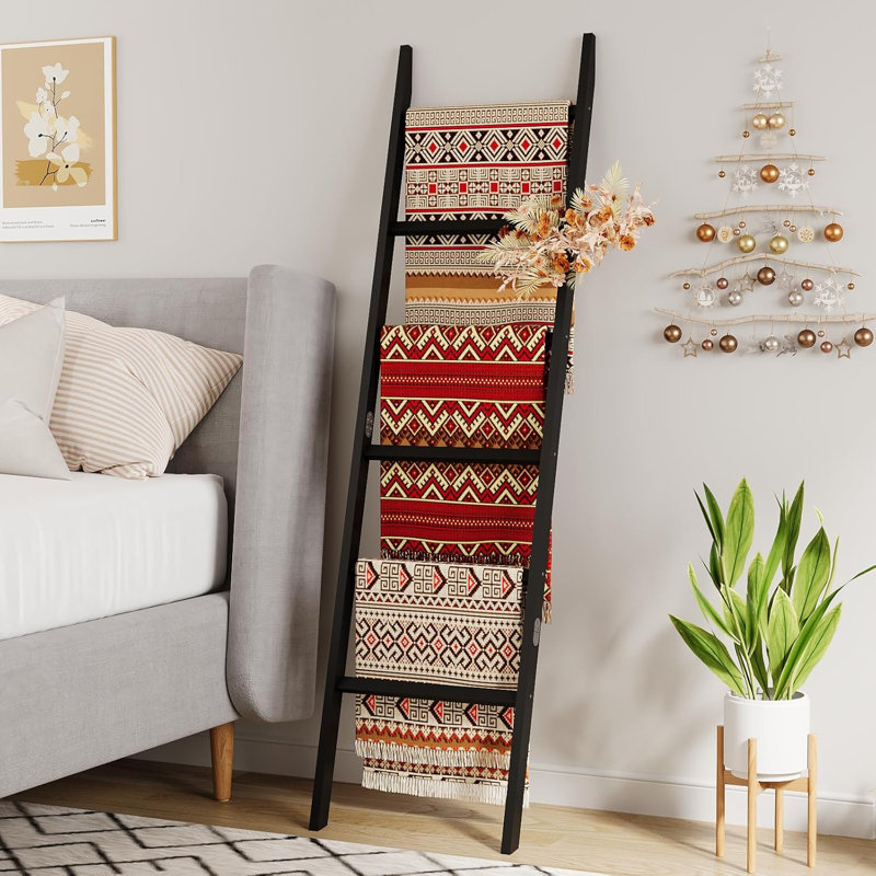 6-Tier Full Bamboo Blanket Ladder Rustic Leaning Towel Throw Storage Rack