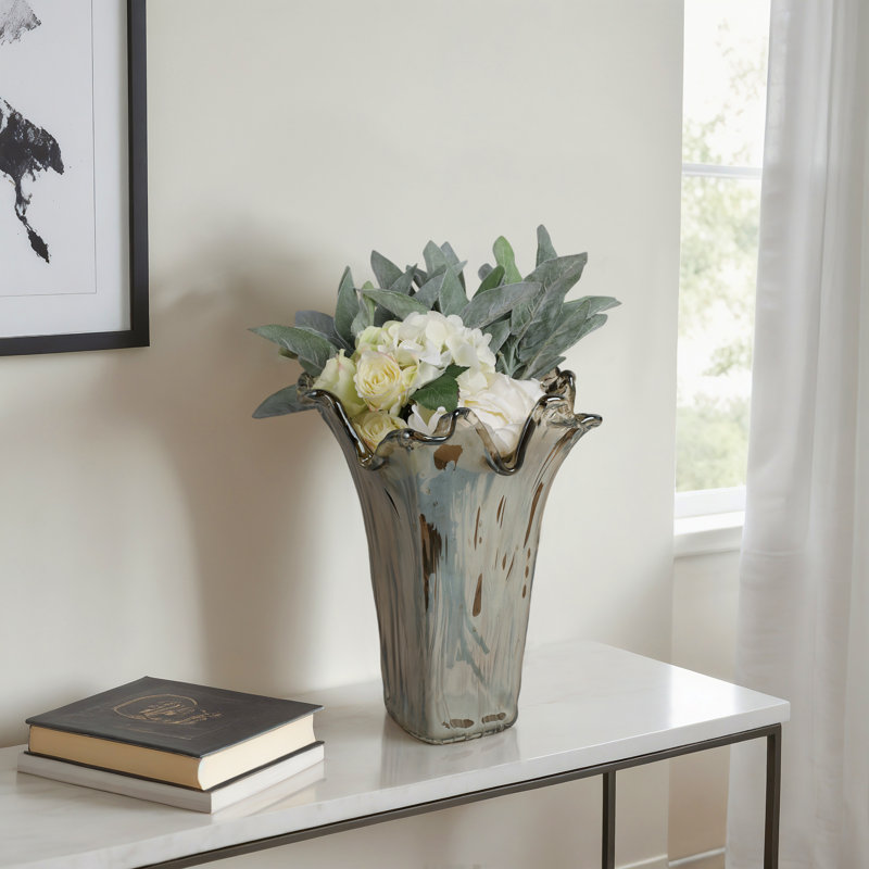 Decorative Flared Glass Vase with Wavy Rim for Home Tabletop Decor - Tall Flower Vase Accent for Office, Table Display, or Living Room Styling