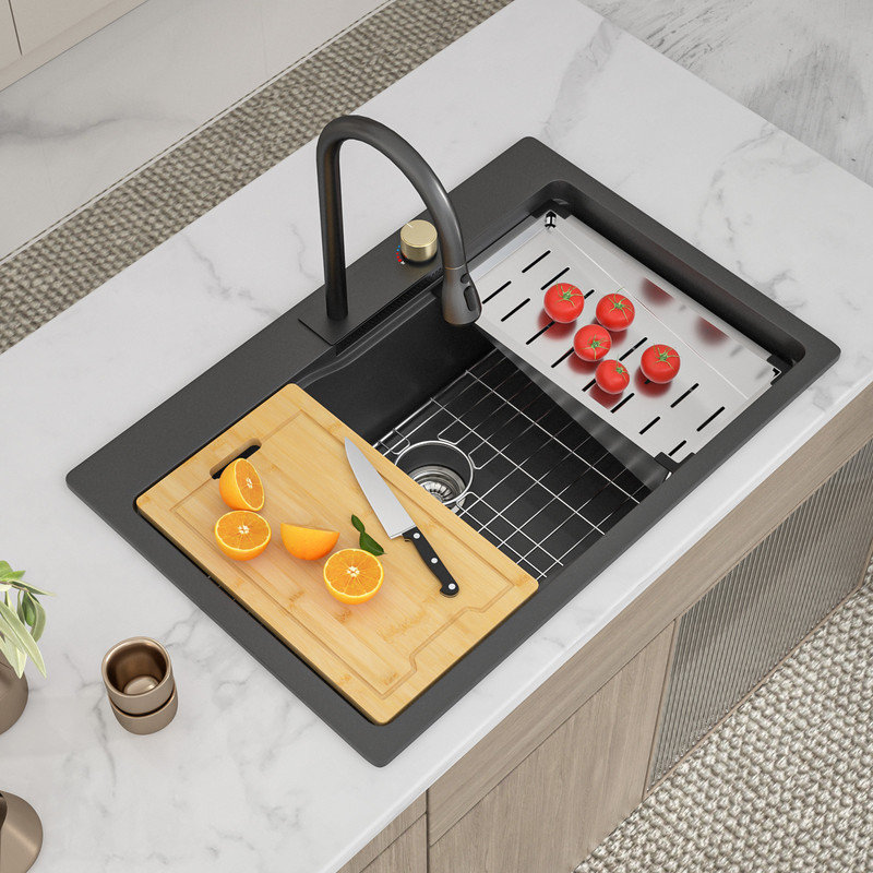 Quartz 30 x 22 Inch Drop-in Granite Composite Kitchen Sink Workstation Sink Single Bowl Sink, Black