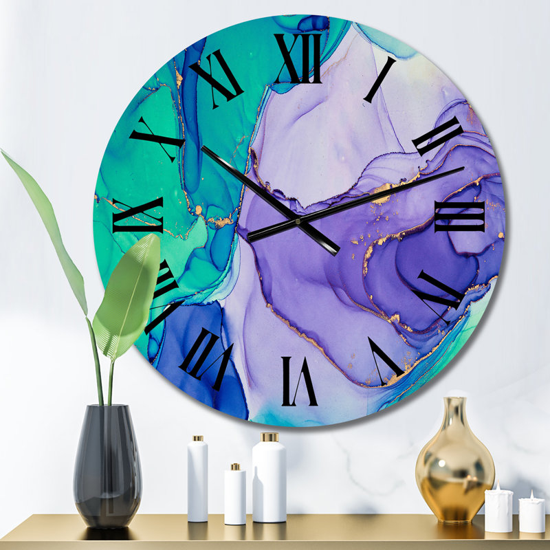 Turquoise And Purple Luxury Abstract Fluid Art IV - Modern Wall Clock, Medium