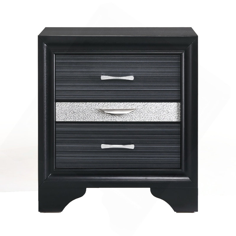 Black 3-Drawer Nightstand, Black