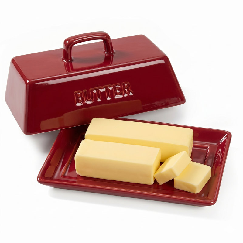  Ceramic Extra Large Butter Dish With Lid, Embossed, Red
