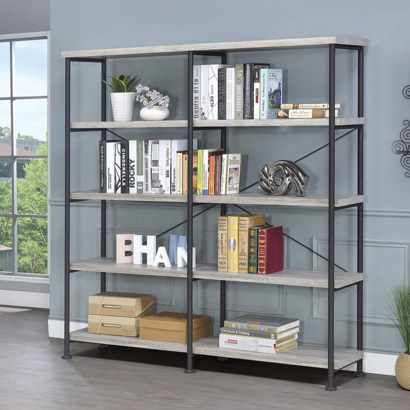 Bibliothèque ouverte à 4 tablettes en bois flotté gris et noir, (4 tablettes) H 63,09 po x l 60,09 po x P 14,34 po, Gris